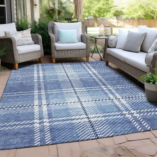 Denim Blue And Ivory Plaid Washable Indoor Outdoor Area Rug Photo 7