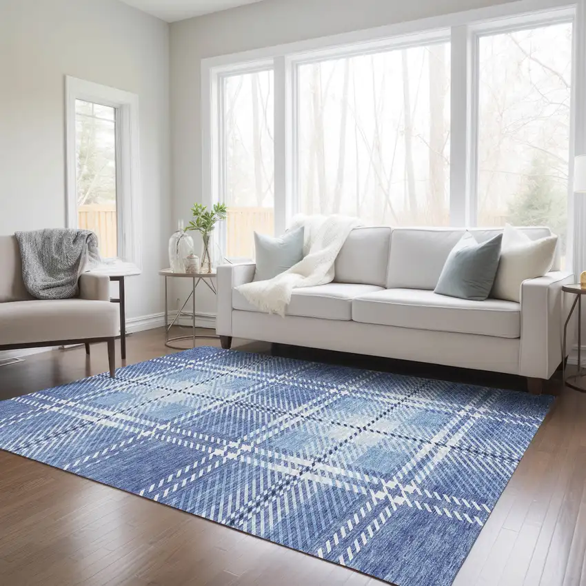 Denim Blue And Ivory Plaid Washable Indoor Outdoor Area Rug Photo 9