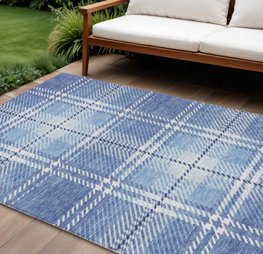 Denim Blue And Ivory Plaid Washable Indoor Outdoor Area Rug Photo 1