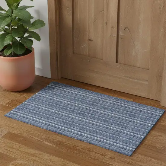 Denim Blue And Ivory Striped Washable Area Rug With UV Protection Photo 1