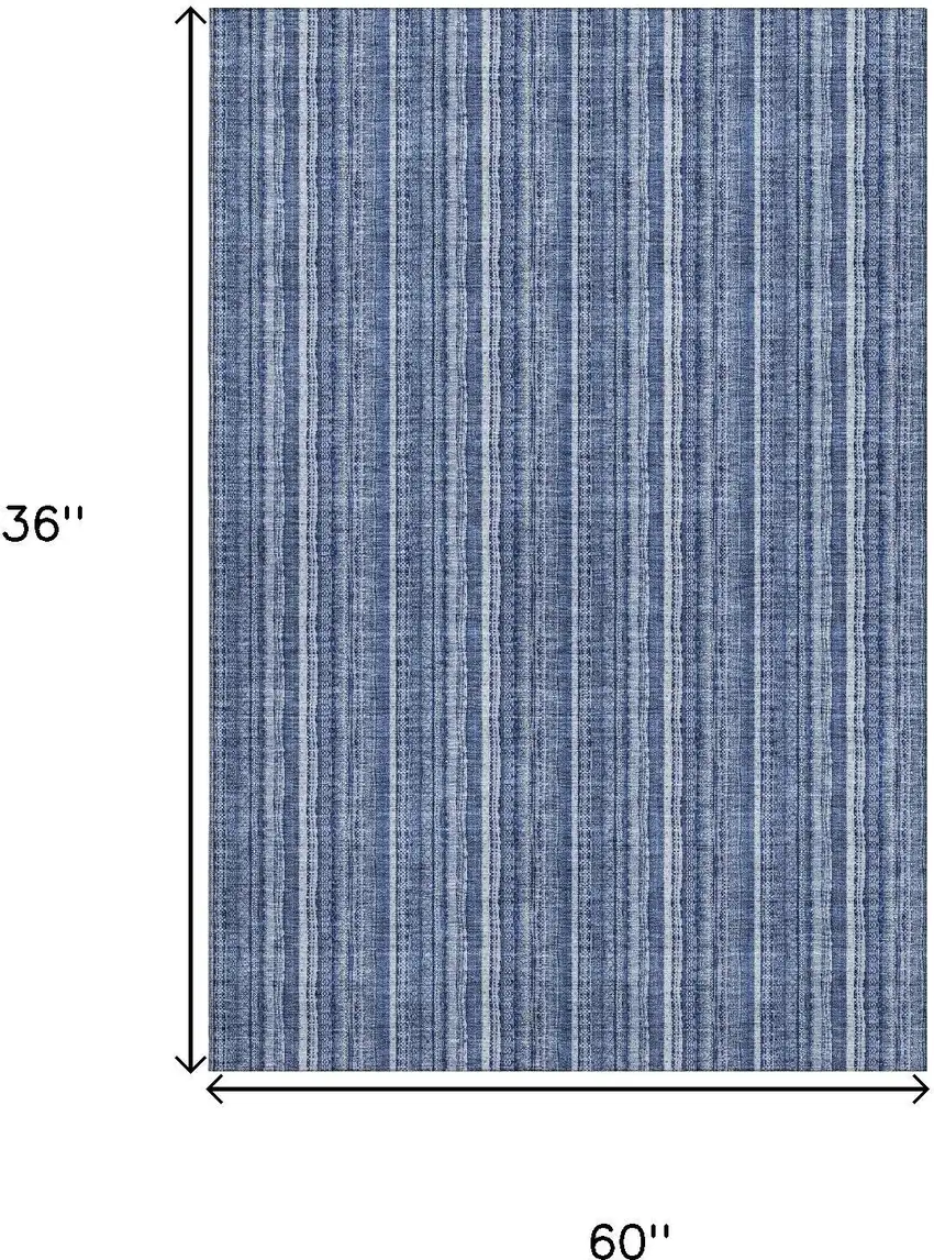 Denim Blue And Ivory Striped Washable Area Rug With UV Protection Photo 9