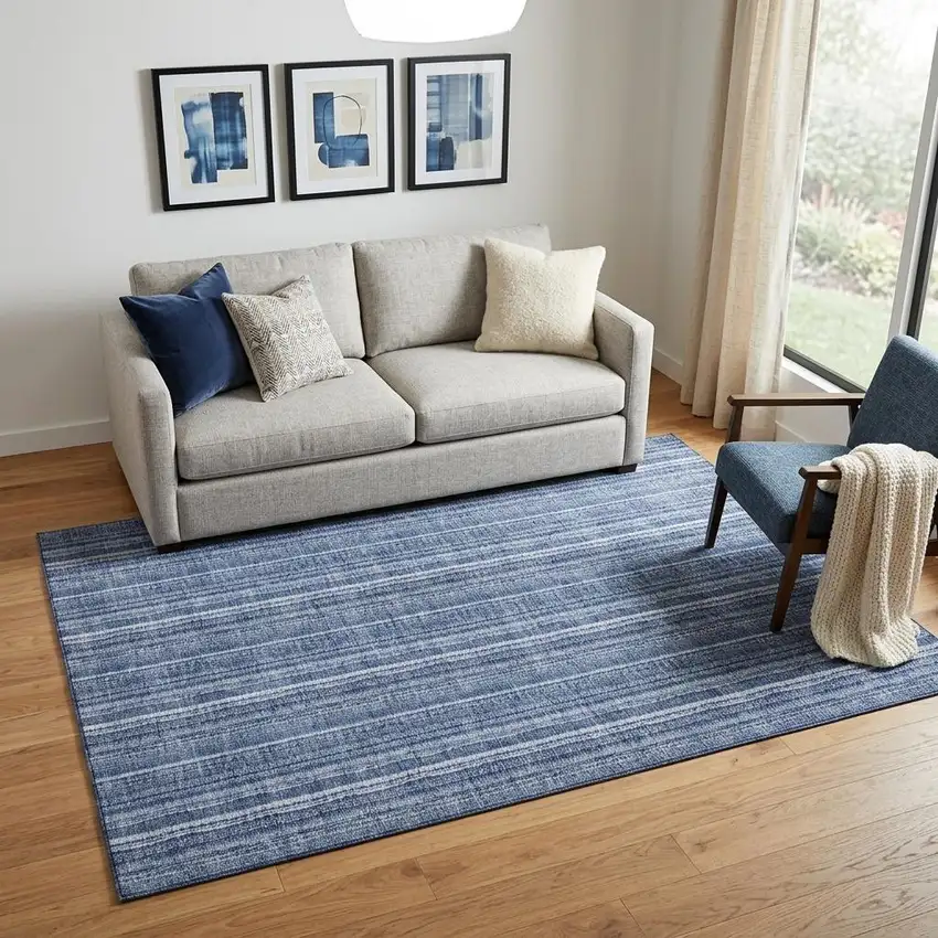 Denim Blue And Ivory Striped Washable Area Rug With UV Protection Photo 1