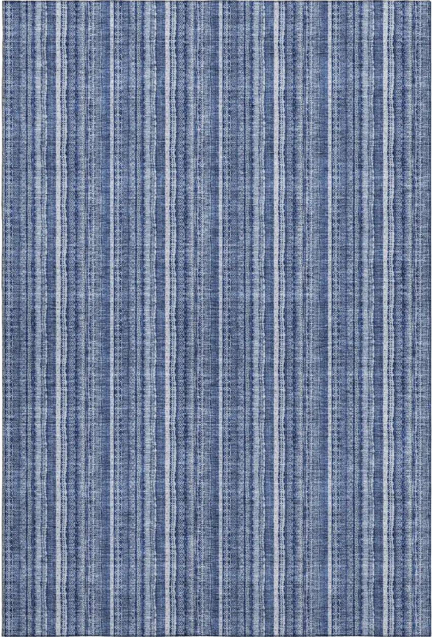 Denim Blue And Ivory Striped Washable Area Rug With UV Protection Photo 3