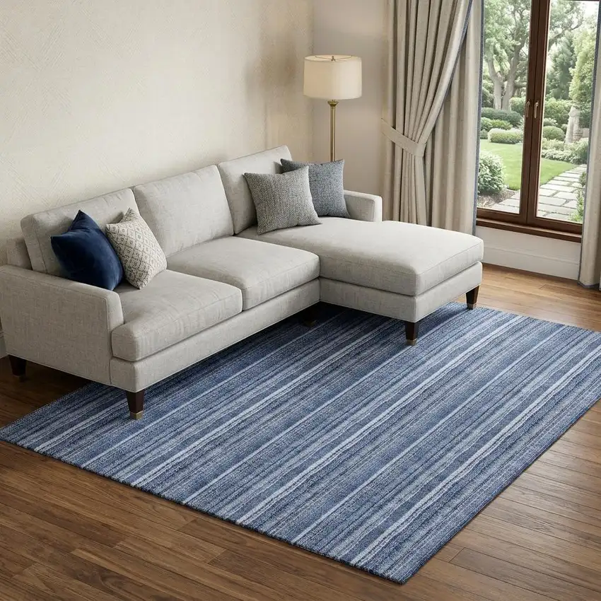 Denim Blue And Ivory Striped Washable Area Rug With UV Protection Photo 1