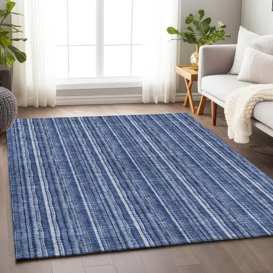 Denim Blue And Ivory Striped Washable Area Rug With UV Protection Photo 2