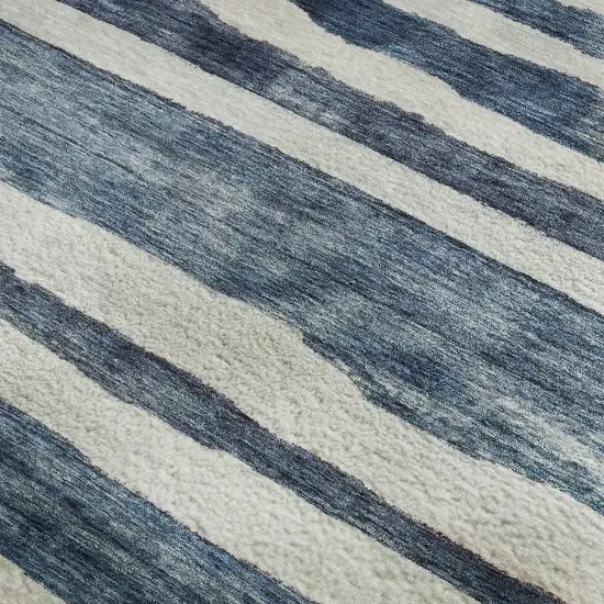 Denim Blue And Ivory Striped Washable Area Rug With UV Protection Photo 3