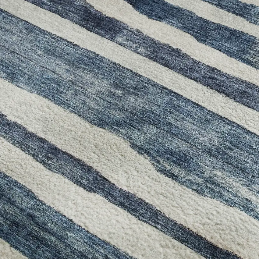 Denim Blue And Ivory Striped Washable Area Rug With UV Protection Photo 3