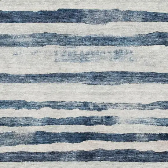 Denim Blue And Ivory Striped Washable Area Rug With UV Protection Photo 2