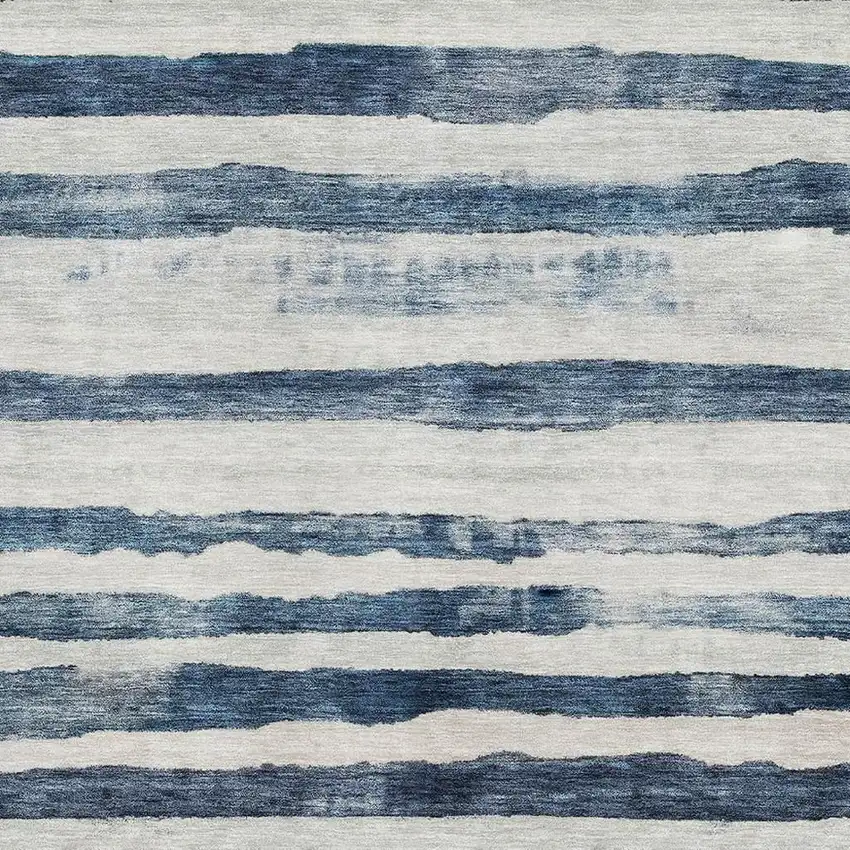 Denim Blue And Ivory Striped Washable Area Rug With UV Protection Photo 2