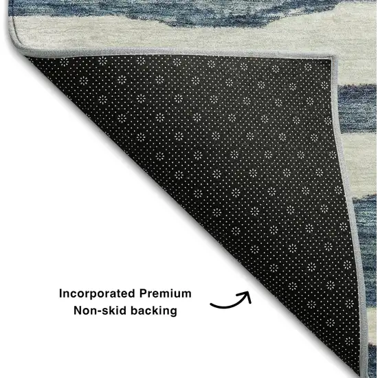 Denim Blue And Ivory Striped Washable Area Rug With UV Protection Photo 7
