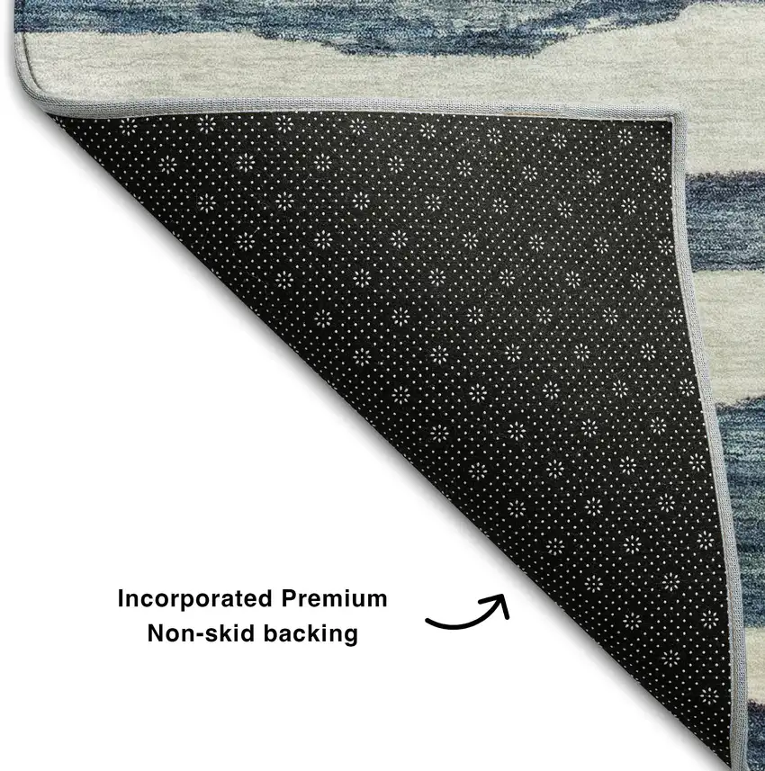 Denim Blue And Ivory Striped Washable Area Rug With UV Protection Photo 7