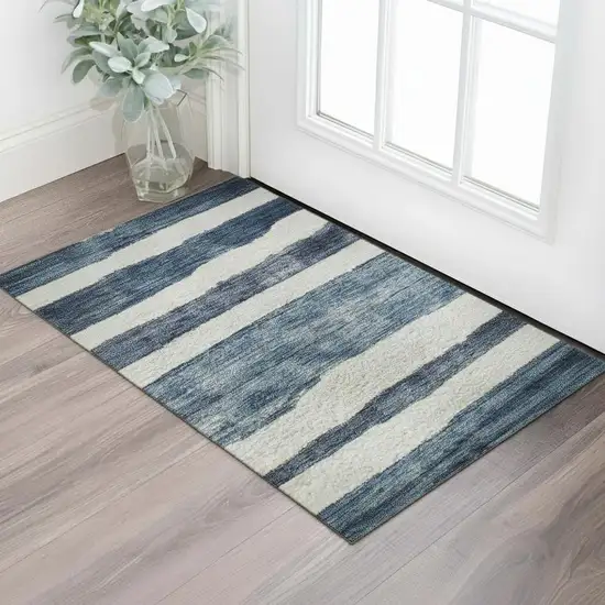 Denim Blue And Ivory Striped Washable Area Rug With UV Protection Photo 2