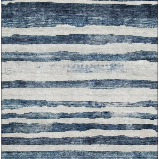Denim Blue And Ivory Striped Washable Area Rug With UV Protection Photo 3