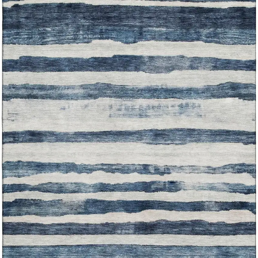 Denim Blue And Ivory Striped Washable Area Rug With UV Protection Photo 3