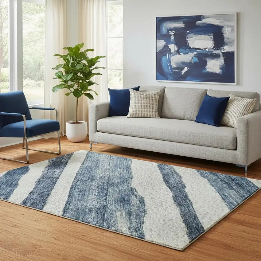Denim Blue And Ivory Striped Washable Area Rug With UV Protection Photo 2