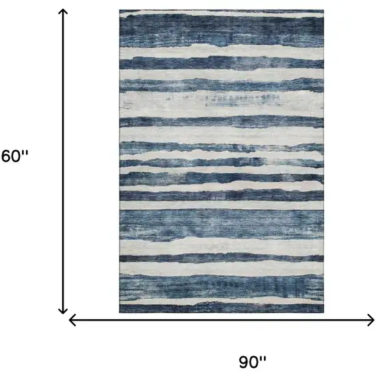 Denim Blue And Ivory Striped Washable Area Rug With UV Protection Photo 4