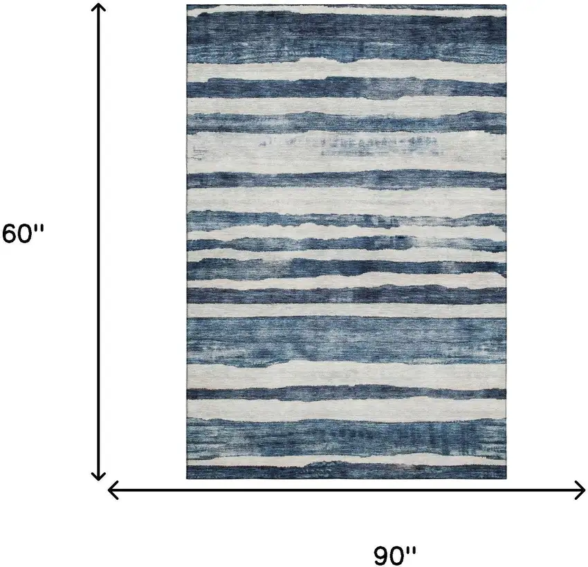 Denim Blue And Ivory Striped Washable Area Rug With UV Protection Photo 4
