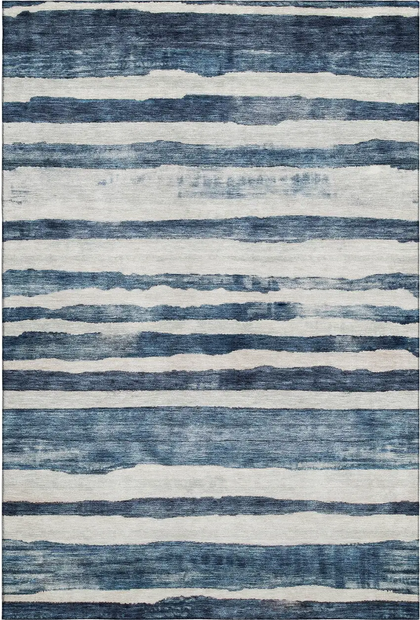 Denim Blue And Ivory Striped Washable Area Rug With UV Protection Photo 6