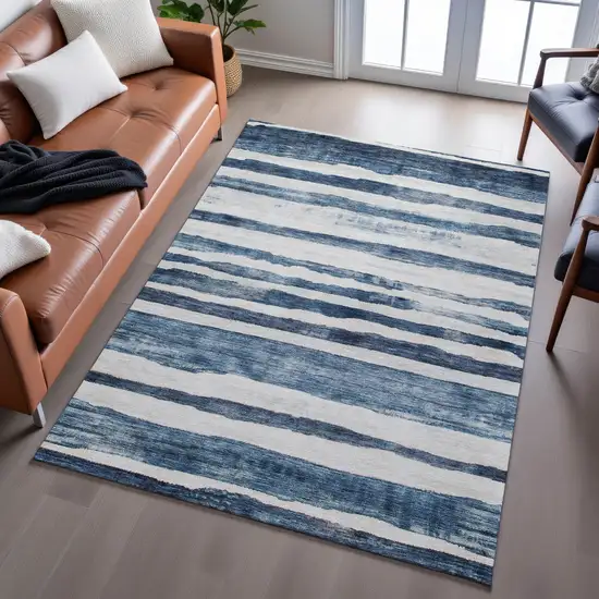 Denim Blue And Ivory Striped Washable Area Rug With UV Protection Photo 6