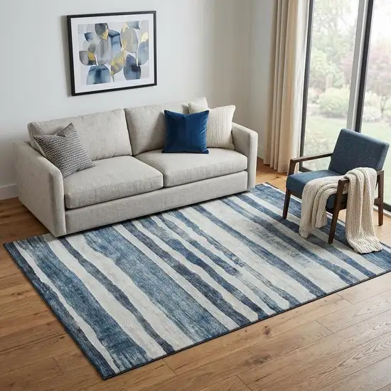 Denim Blue And Ivory Striped Washable Area Rug With UV Protection Photo 1