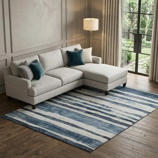 Denim Blue And Ivory Striped Washable Area Rug With UV Protection Photo 1
