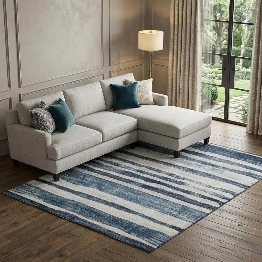 Denim Blue And Ivory Striped Washable Area Rug With UV Protection Photo 1