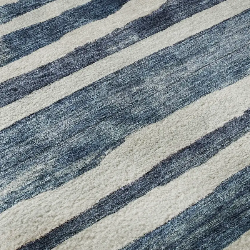 Denim Blue And Ivory Striped Washable Area Rug With UV Protection Photo 1