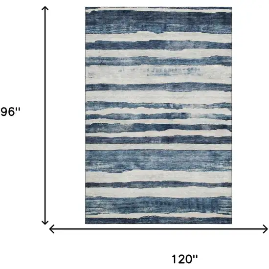Denim Blue And Ivory Striped Washable Area Rug With UV Protection Photo 4