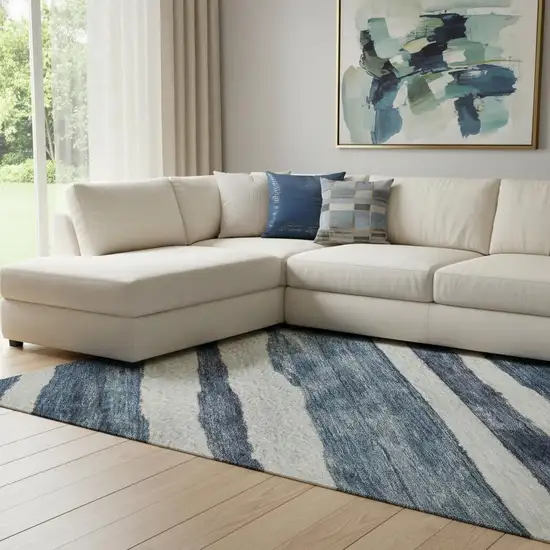 Denim Blue And Ivory Striped Washable Area Rug With UV Protection Photo 2