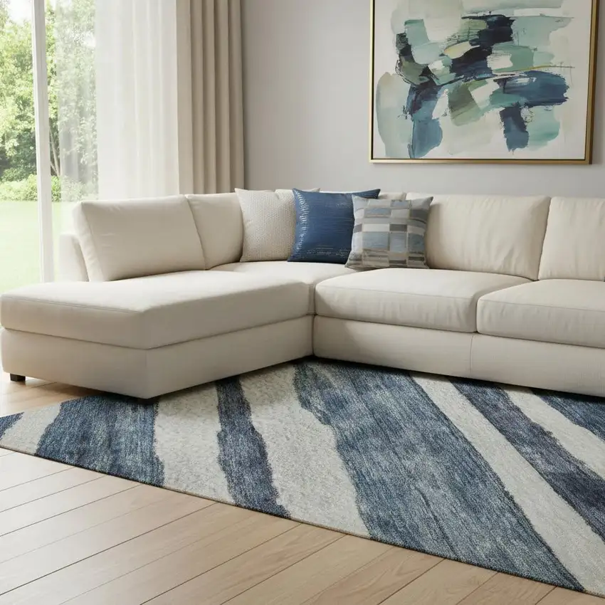 Denim Blue And Ivory Striped Washable Area Rug With UV Protection Photo 2
