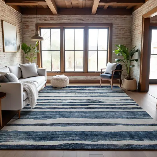 Denim Blue And Ivory Striped Washable Area Rug With UV Protection Photo 4