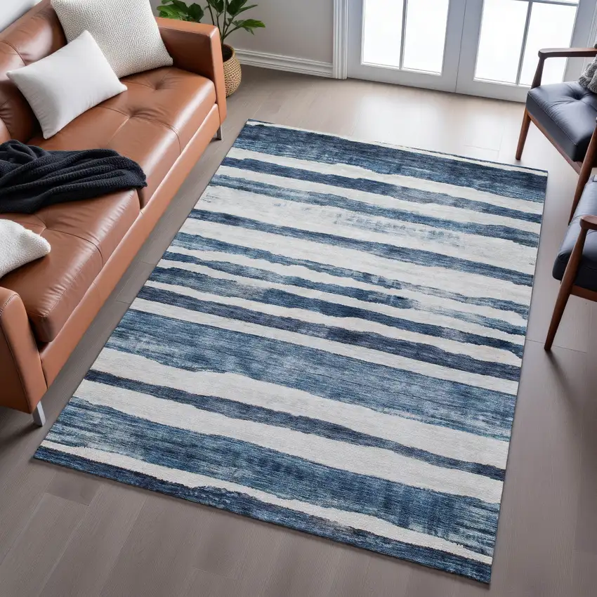 Denim Blue And Ivory Striped Washable Area Rug With UV Protection Photo 5