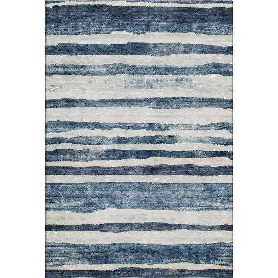 Denim Blue And Ivory Striped Washable Area Rug With UV Protection Photo 6