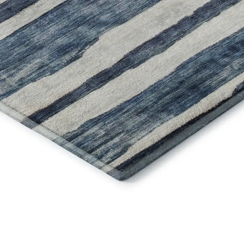 Denim Blue And Ivory Striped Washable Area Rug With UV Protection Photo 8