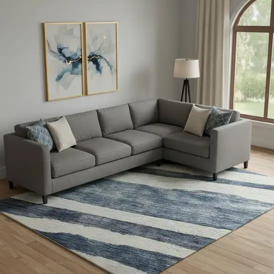 Denim Blue And Ivory Striped Washable Area Rug With UV Protection Photo 2