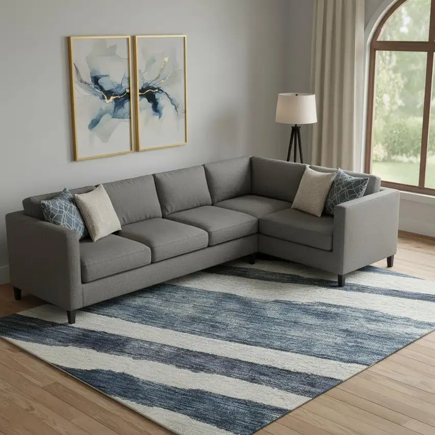 Denim Blue And Ivory Striped Washable Area Rug With UV Protection Photo 2