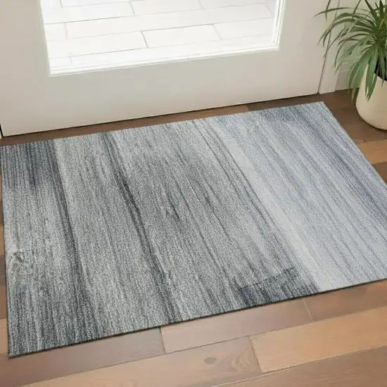 Denim Blue And Ivory Striped Washable Area Rug With UV Protection Photo 2