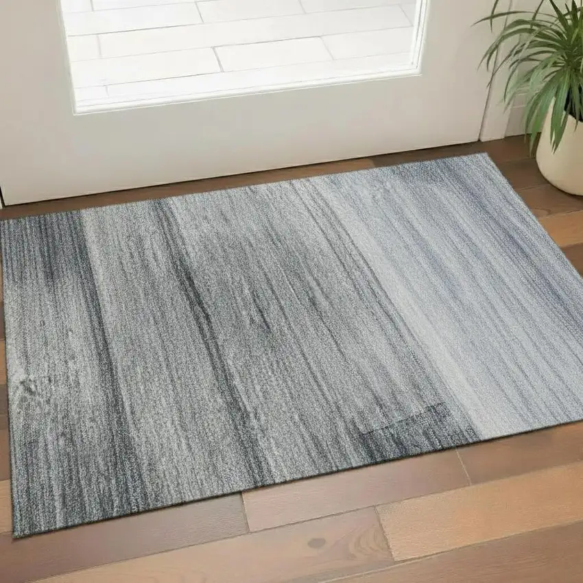 Denim Blue And Ivory Striped Washable Area Rug With UV Protection Photo 2