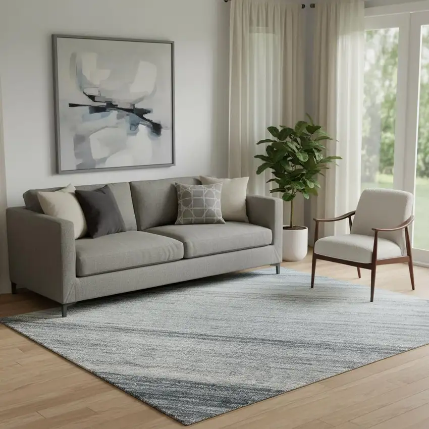 Denim Blue And Ivory Striped Washable Area Rug With UV Protection Photo 2