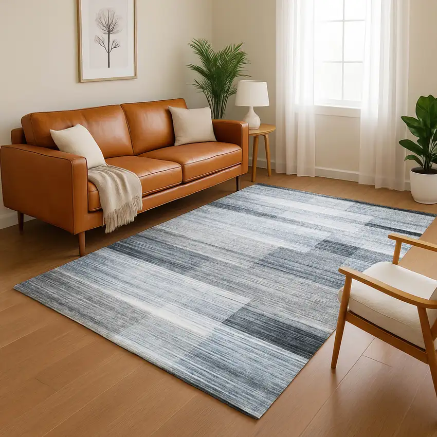 Denim Blue And Ivory Striped Washable Area Rug With UV Protection Photo 4