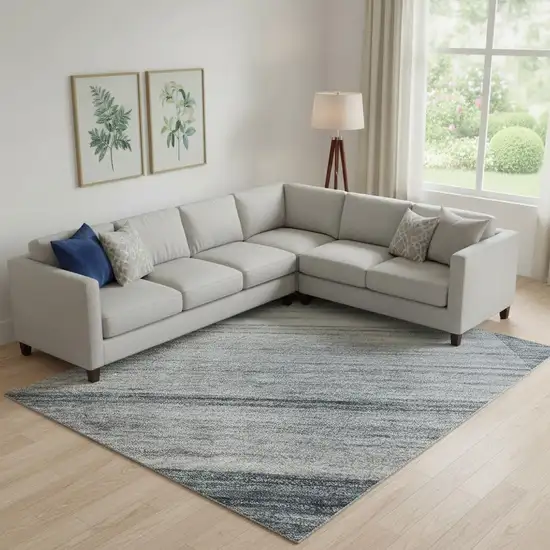 Denim Blue And Ivory Striped Washable Area Rug With UV Protection Photo 2