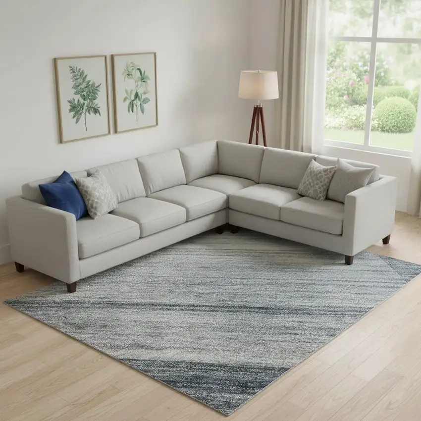 Denim Blue And Ivory Striped Washable Area Rug With UV Protection Photo 2