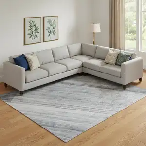 Photo of Denim Blue And Ivory Striped Washable Area Rug With UV Protection