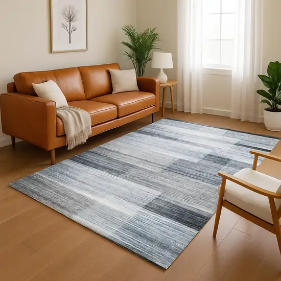 Denim Blue And Ivory Striped Washable Area Rug With UV Protection Photo 3