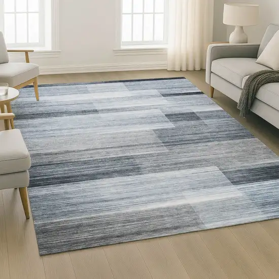 Denim Blue And Ivory Striped Washable Area Rug With UV Protection Photo 4