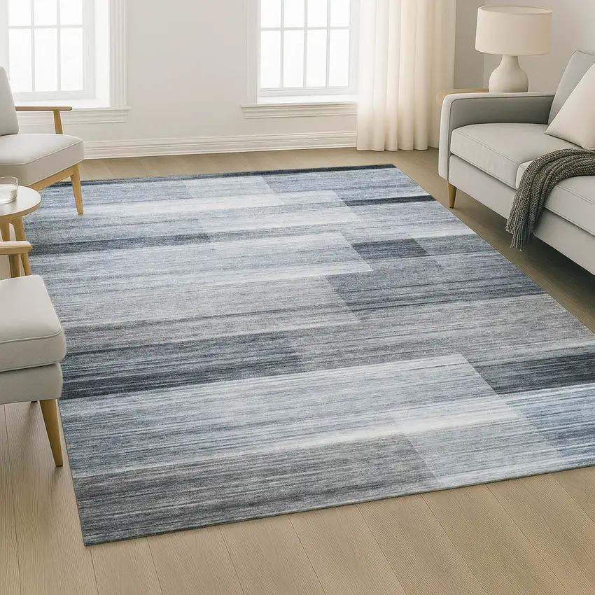 Denim Blue And Ivory Striped Washable Area Rug With UV Protection Photo 4