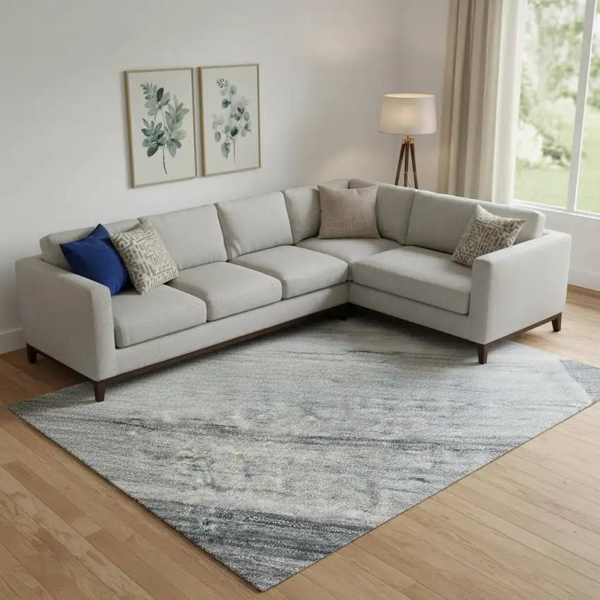 Denim Blue And Ivory Striped Washable Area Rug With UV Protection Photo 2