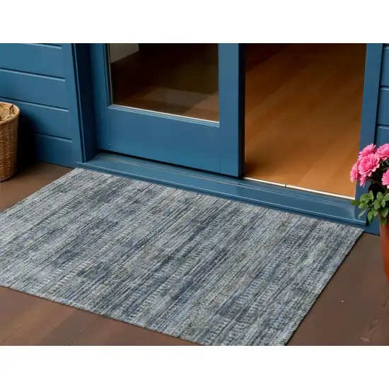 Denim Blue And Ivory Striped Washable Indoor Outdoor Area Rug Photo 2