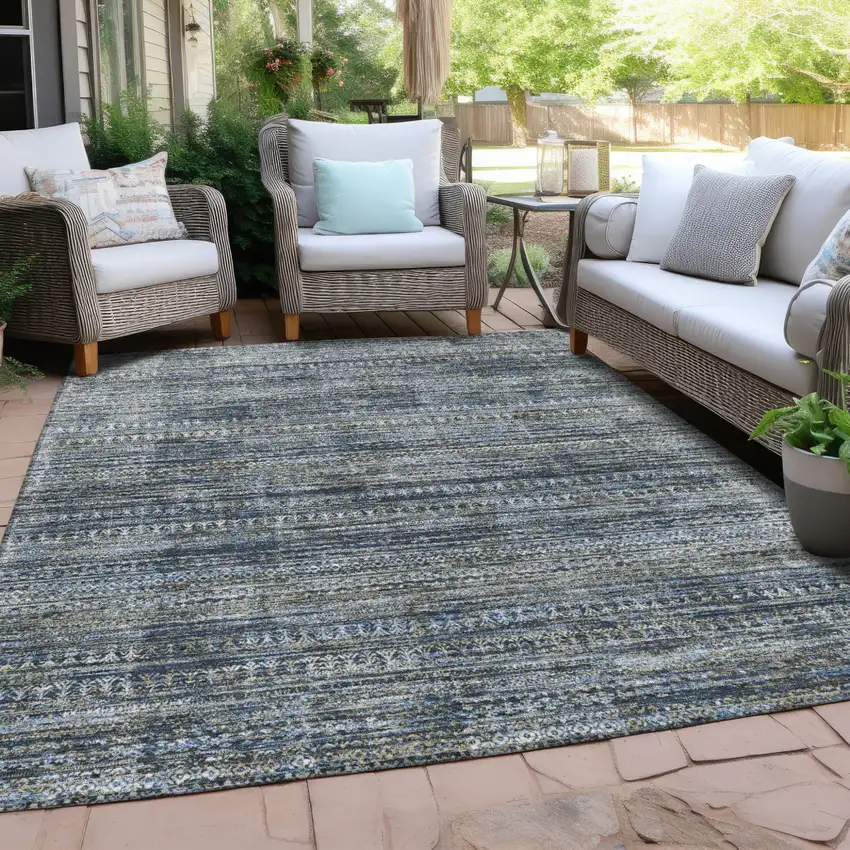 Denim Blue And Ivory Striped Washable Indoor Outdoor Area Rug Photo 4