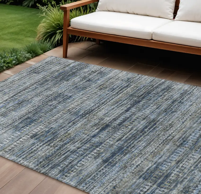 Denim Blue And Ivory Striped Washable Indoor Outdoor Area Rug Photo 2
